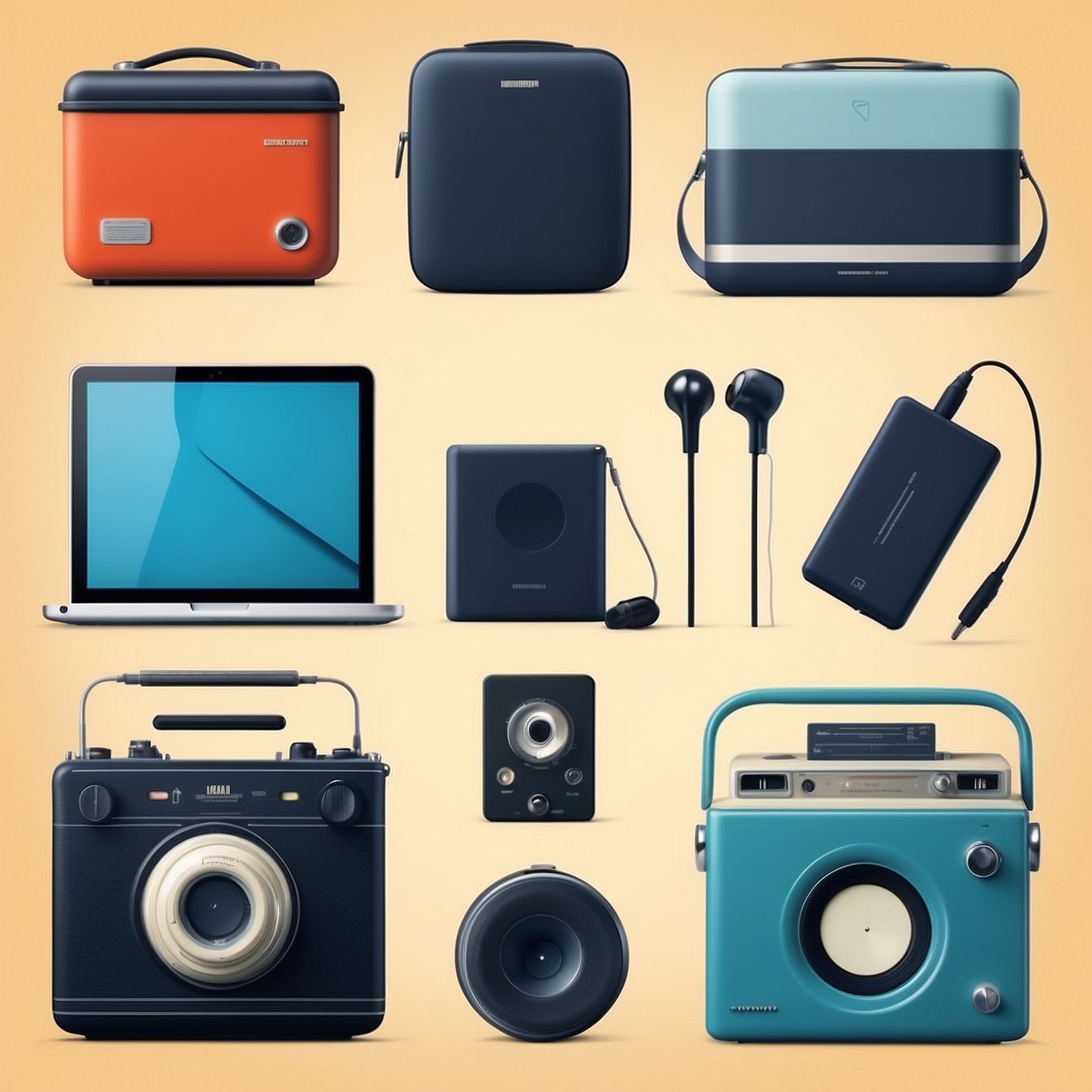 一套電子設備，包括筆記型電腦、相機、揚聲器和冷卻器