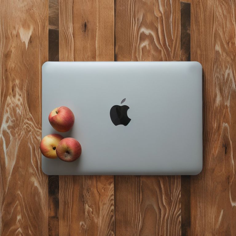 兩個蘋果坐在木桌上的蘋果筆記型電腦上。