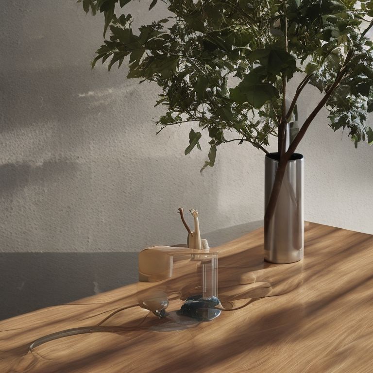 木桌上放著一個裝有植物的花瓶