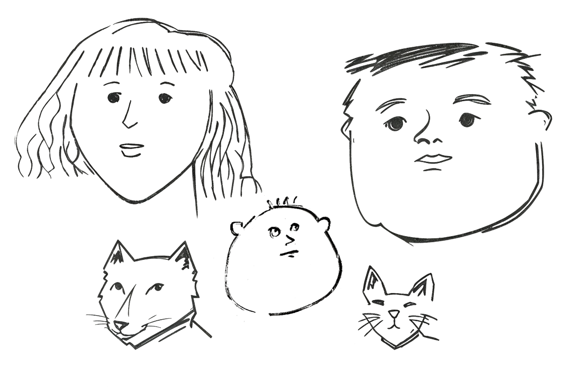 一幅黑白畫,畫著一個男人、一個女人、一隻狗和一隻貓。