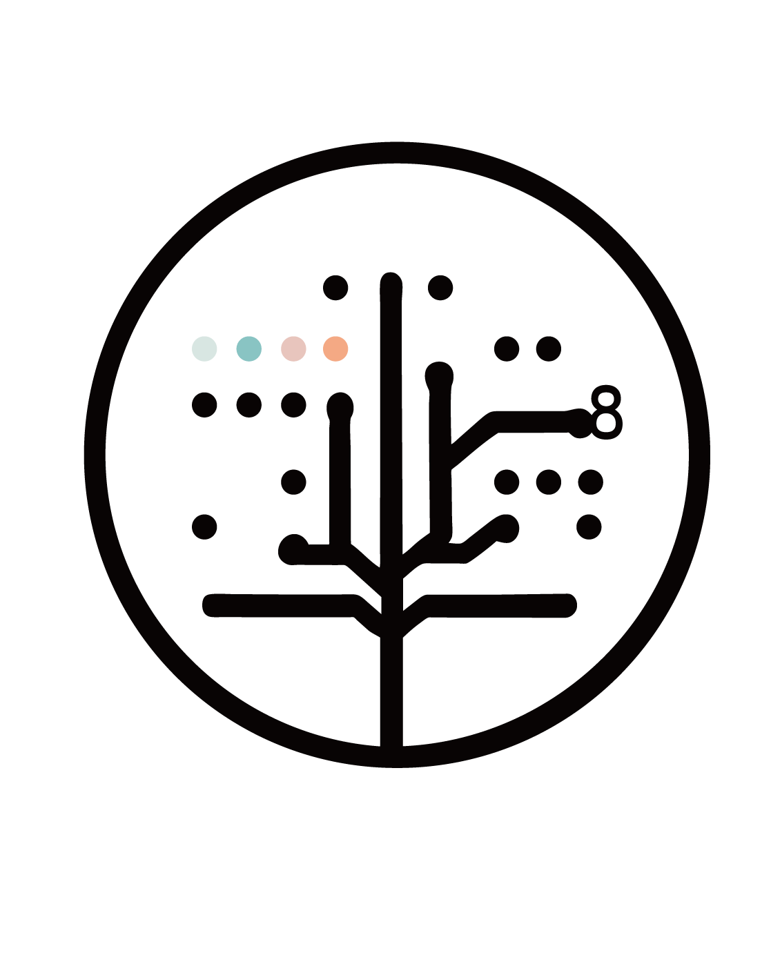 一棵樹,樹枝和葉子在白色背景上呈圓圈狀。