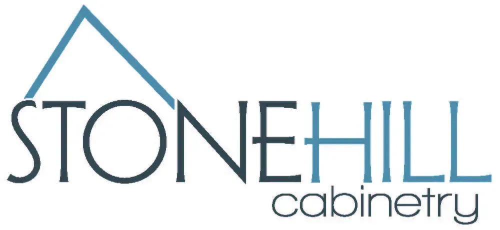 Logo for Stonehill Cabinetry. Blue and grey text with a stylized roof above the words 