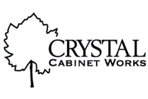 Logo for Crystal Cabinet Works, featuring a leaf and text.