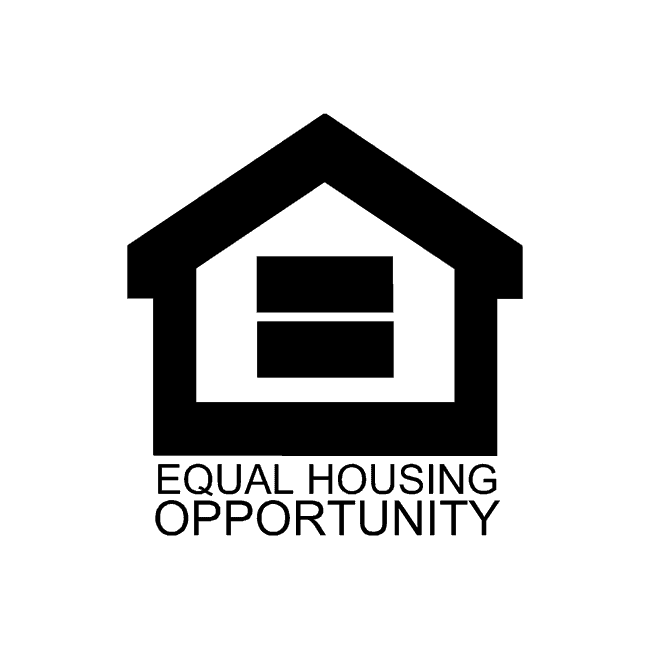 Black house icon with an equal sign inside, text below: Equal Housing Opportunity.