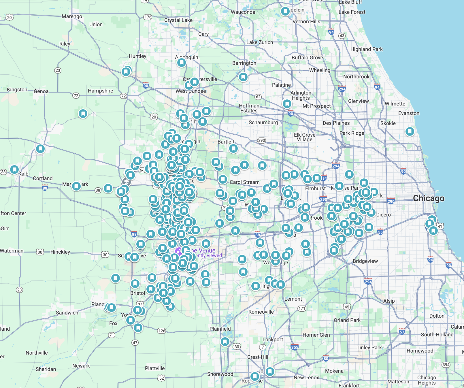 A map of chicago with a lot of dots on it