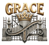 Gold “GRACE” text above a silver castle gate and crown emblem
