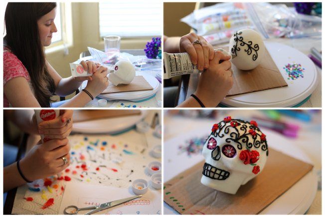 Pictures showing a woman in the process of making a sugar skull