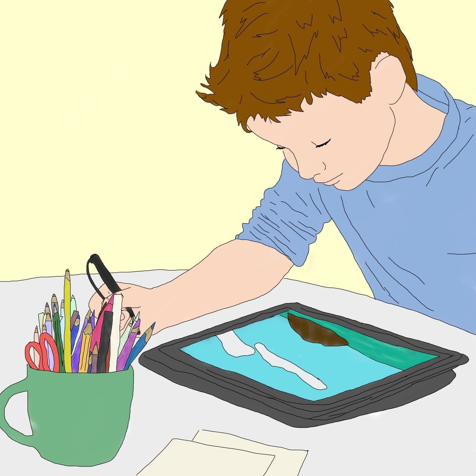 A child using a tablet with a Scriba stylus