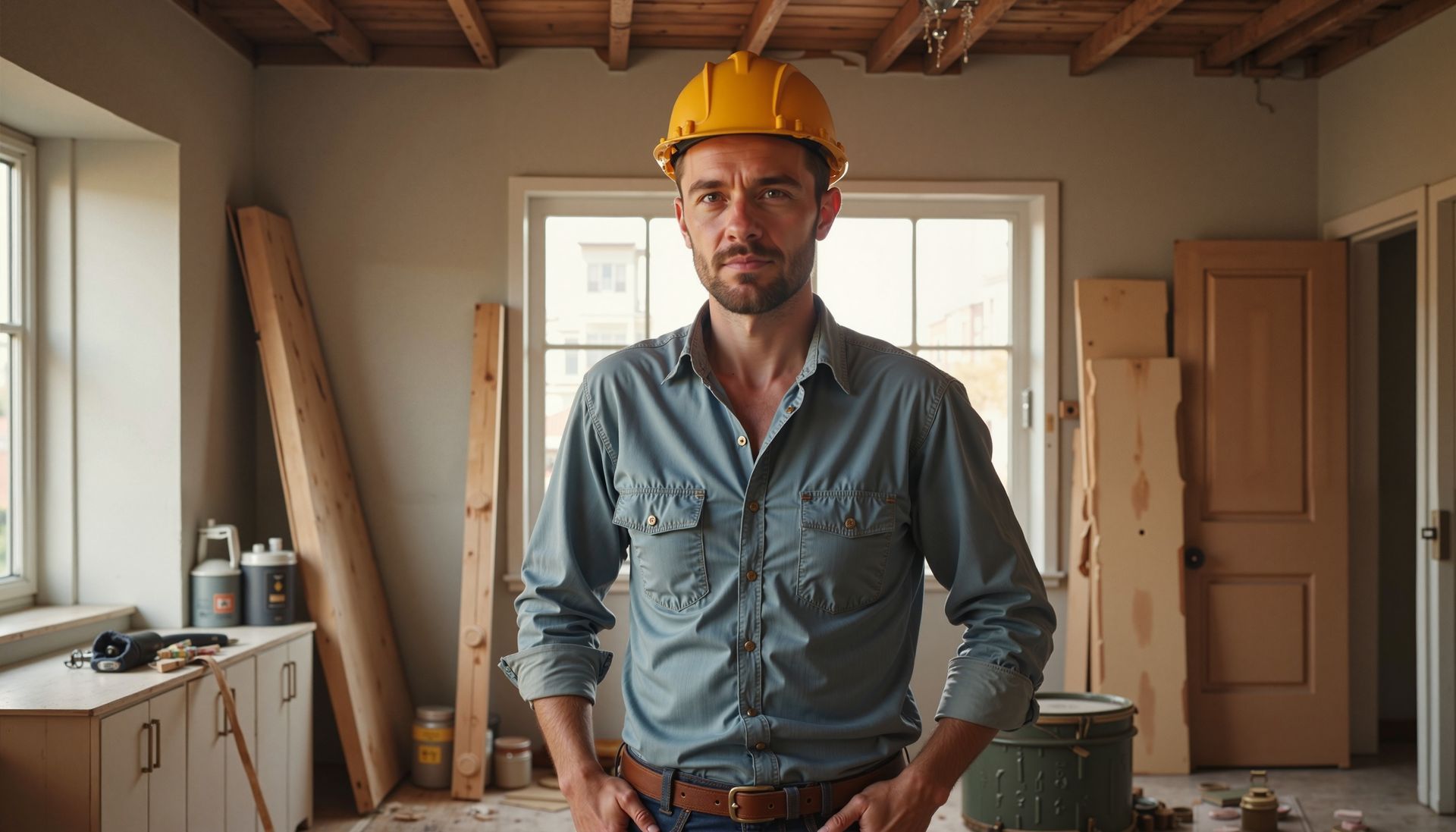 A man wearing a hard hat is standing in a room under construction.