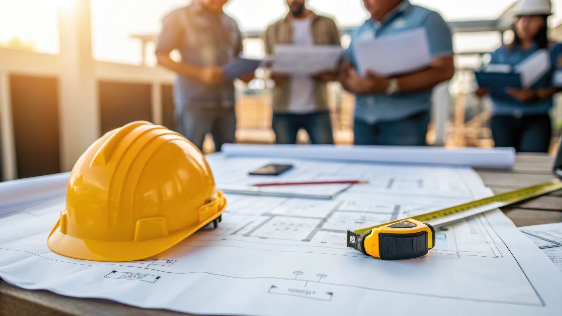 A hard hat is sitting on top of a blueprint on a table.