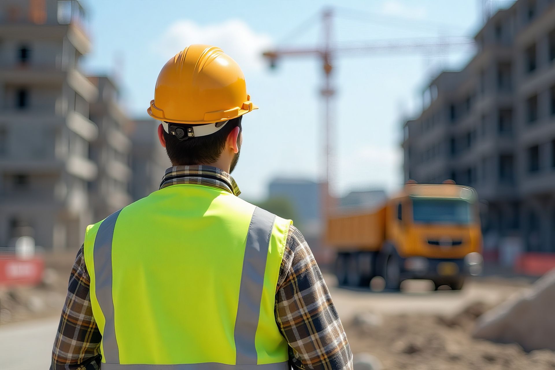 A construction worker wearing a hard hat and safety vest is looking at a construction site.