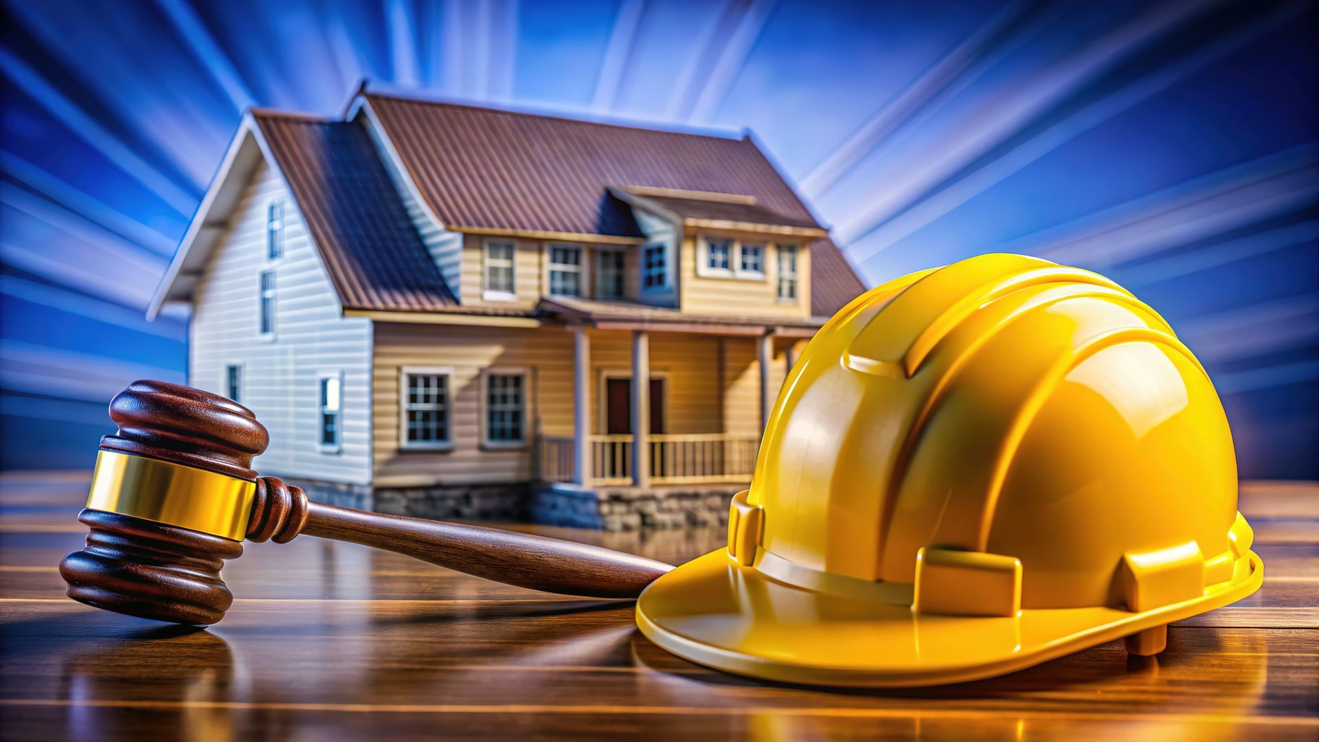 A hard hat and a gavel are on a wooden table in front of a model house.