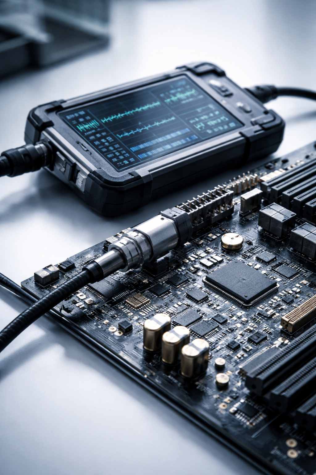 A handheld electronic testing device with a glowing data screen is connected by a cable to a complex computer circuit board.