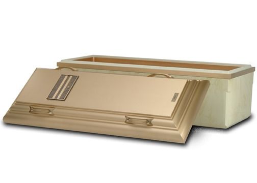 A gold-colored casket with the lid partially open, set in a wooden container, indoors.