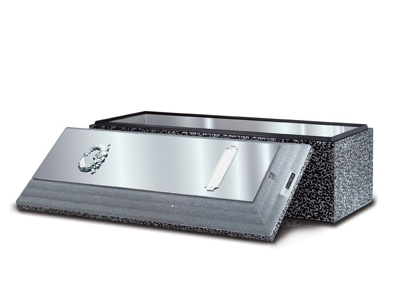 Open casket with metallic lid and speckled grey sides, resting on a white background.