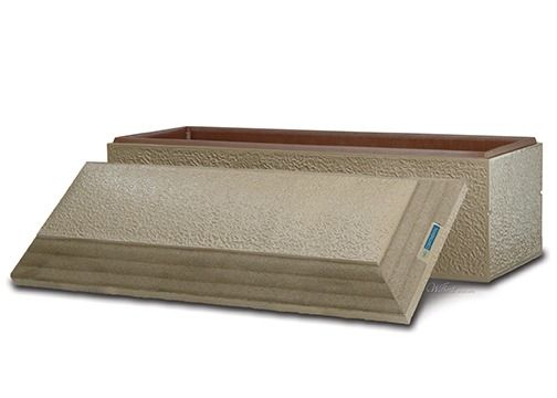 Tan cremation urn with open lid, beige textured exterior, brown interior.