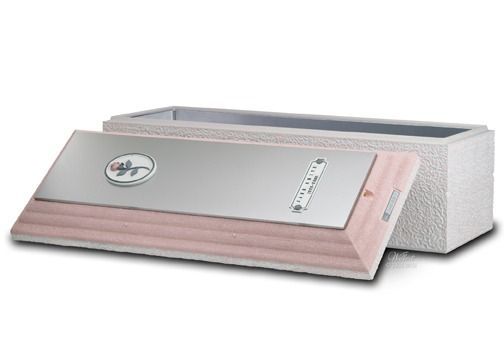 Urn with a pink wooden frame and a silver top, featuring a rose emblem.