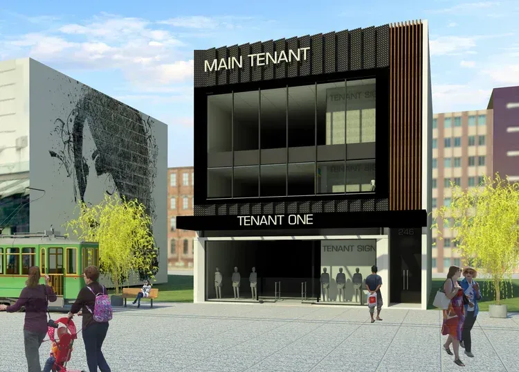 Rendering of a modern two-story building with