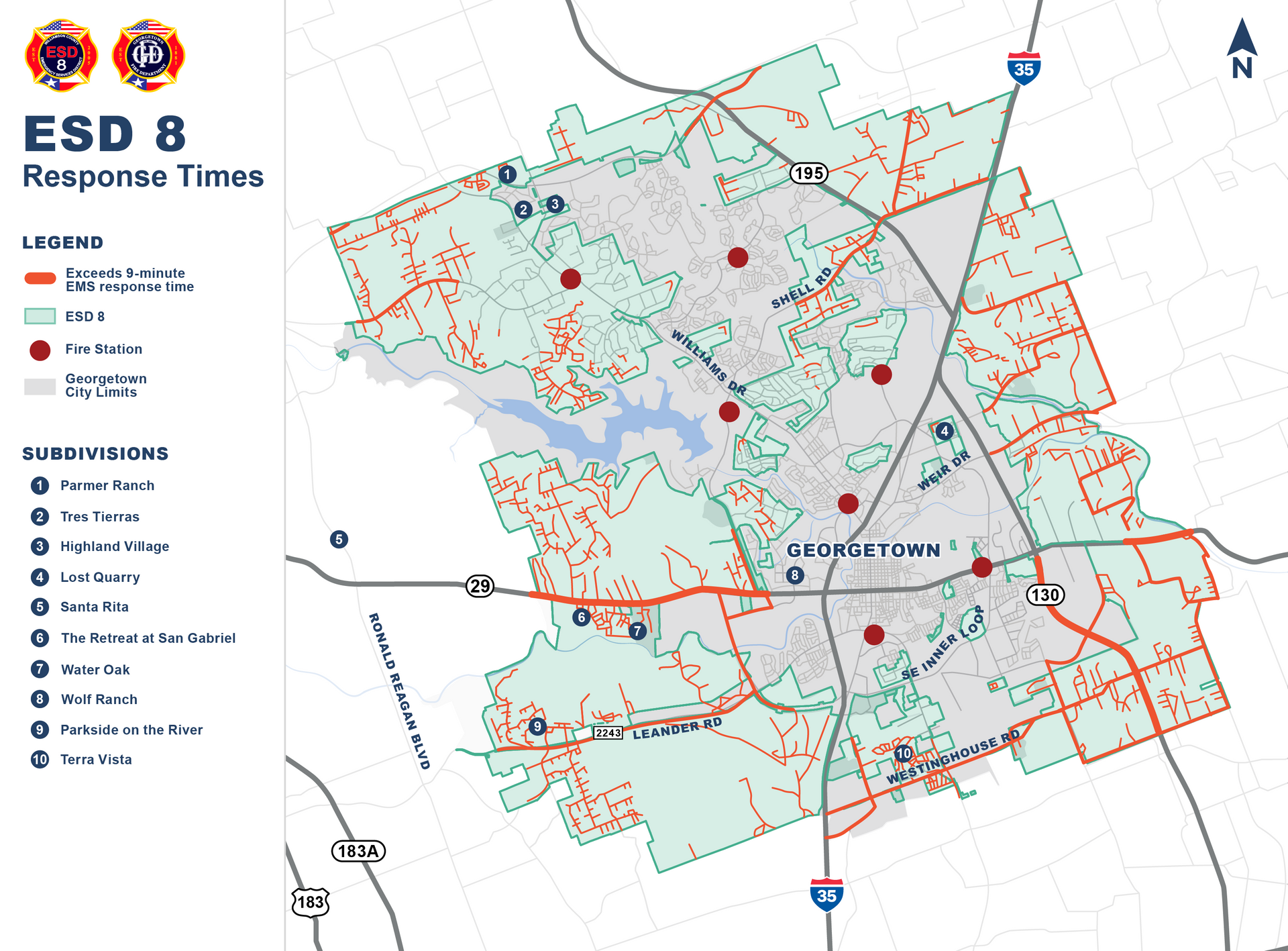 A map showing the response times for esd 8