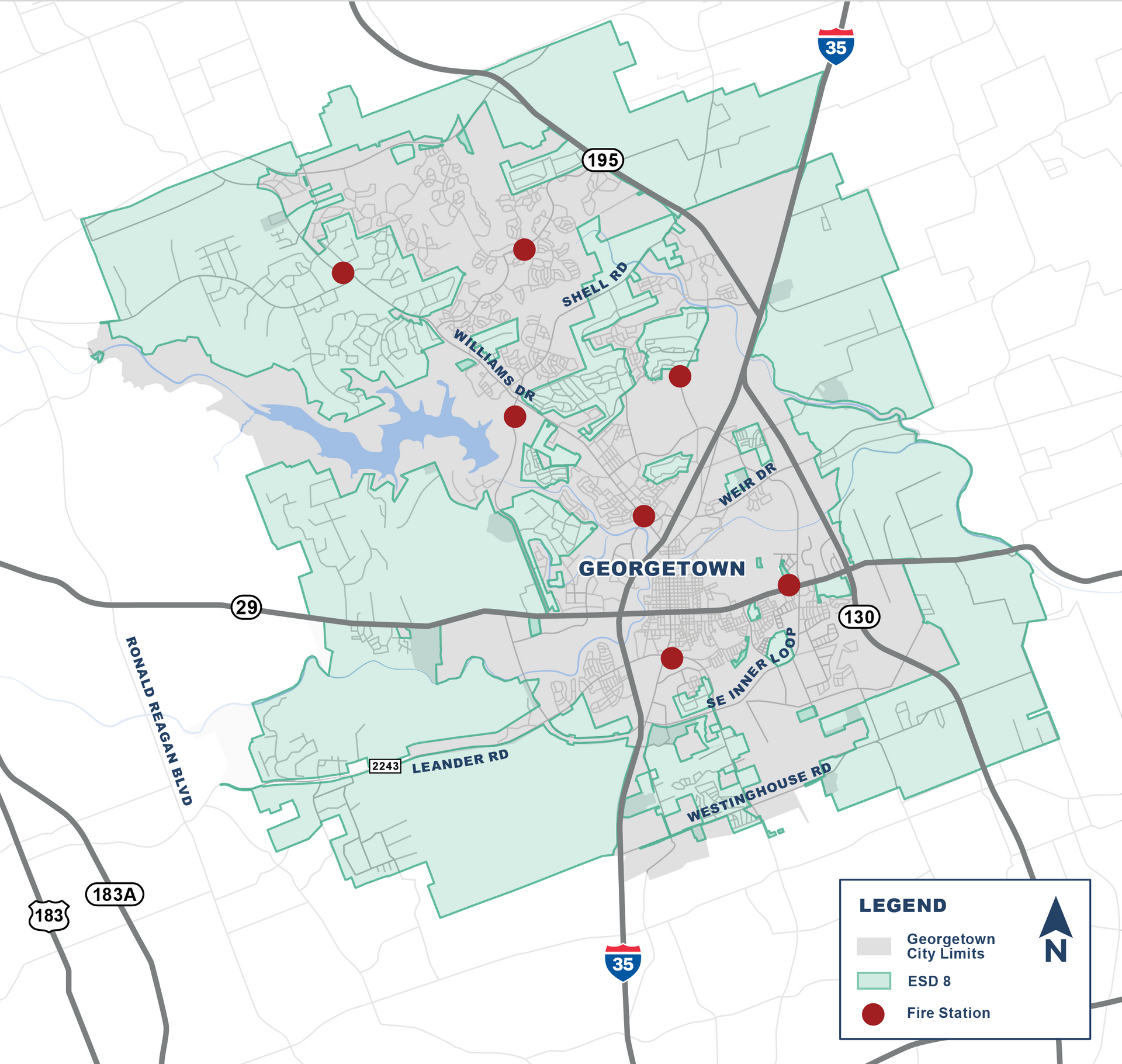 A map showing the location of Georgetown and surrounding areas