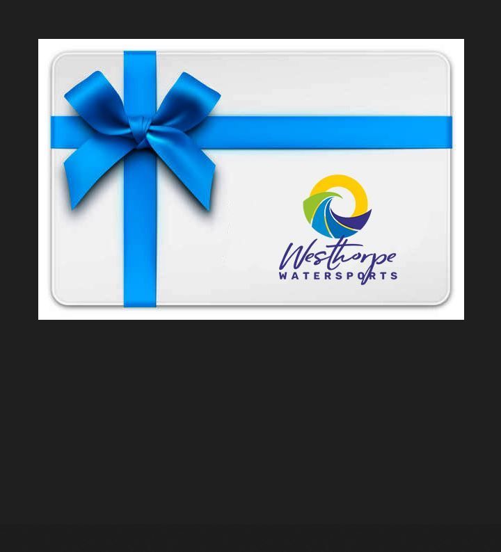 A white gift card with a blue bow and the words westhope watersports on it