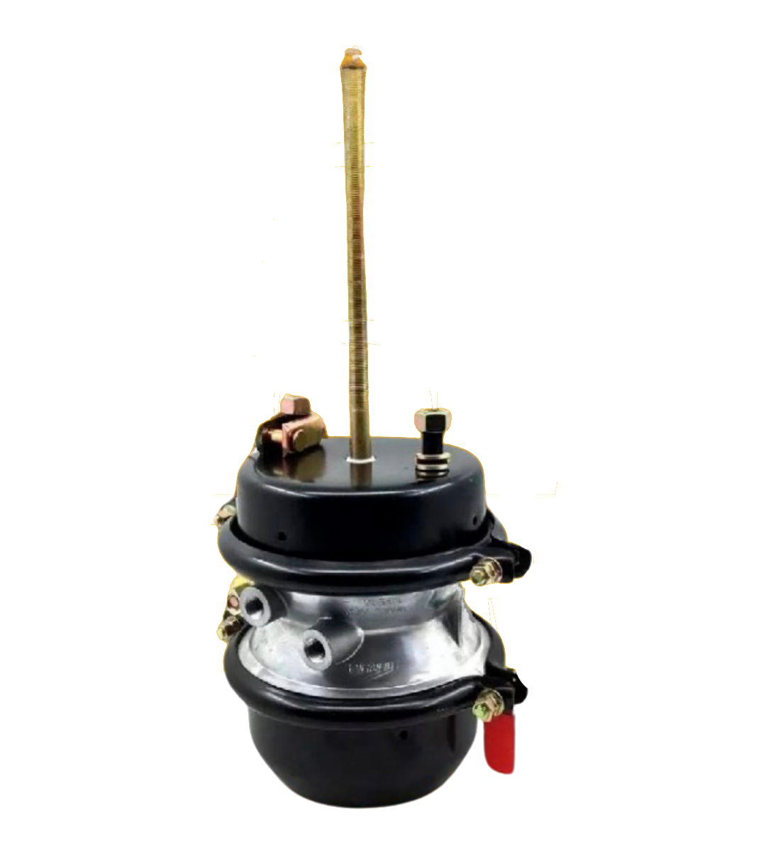 Cámara de freno de aire con carcasa negra y plateada, varilla de empuje de color dorado y conexión roja.
