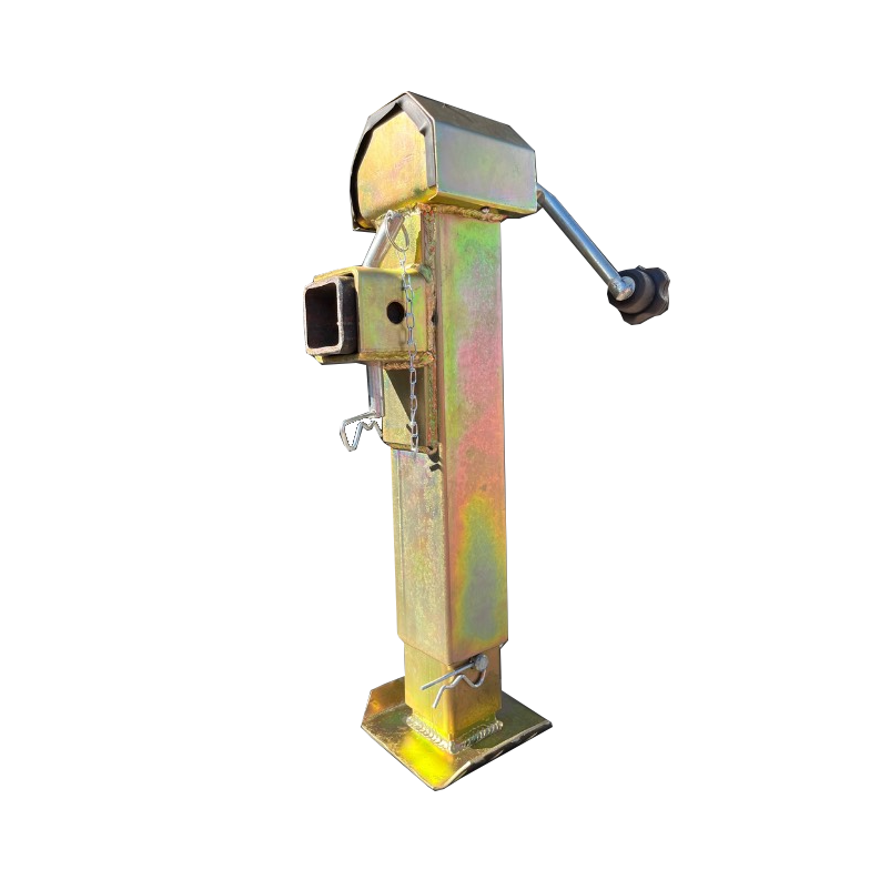 Gato de remolque amarillo con manivela, receptor cuadrado y pasador de seguridad.