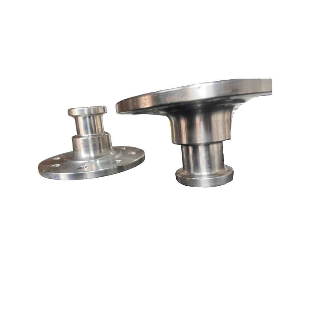 Dos pivotes metálicos, utilizados en la dirección de vehículos, con bridas de montaje circulares.