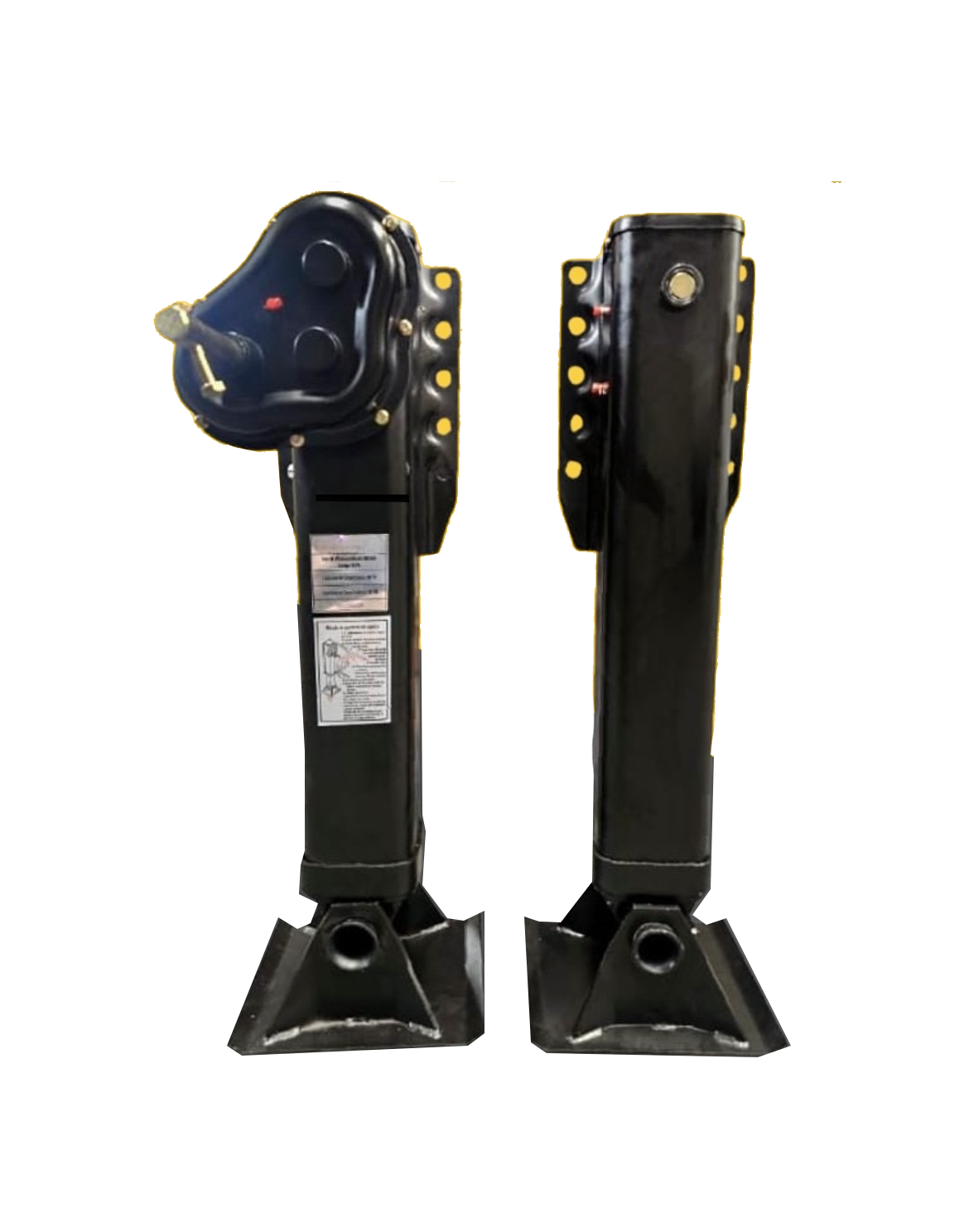 Tren de aterrizaje de remolque negro, vistas frontal y lateral, con un componente de enganche en uno.