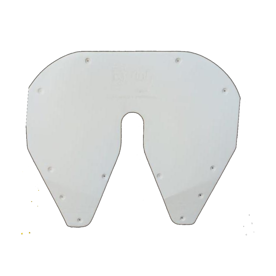 Placa de quinta rueda de color blanco para semirremolque, con corte central y orificios para pernos.