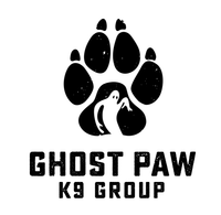 Ghost Paw K9 Group Black dog paw print with a ghost inside,