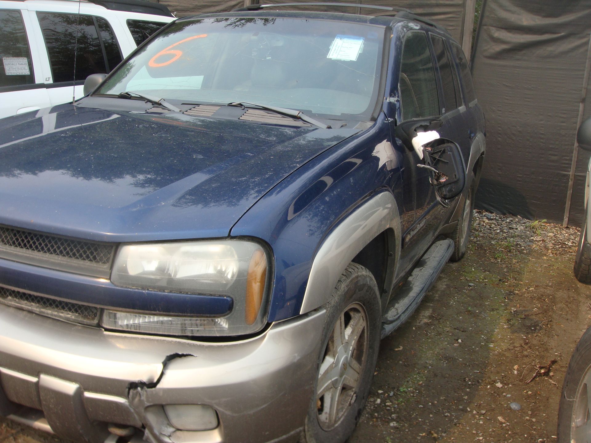 A blue chevrolet trailblazer is parked in a lot.