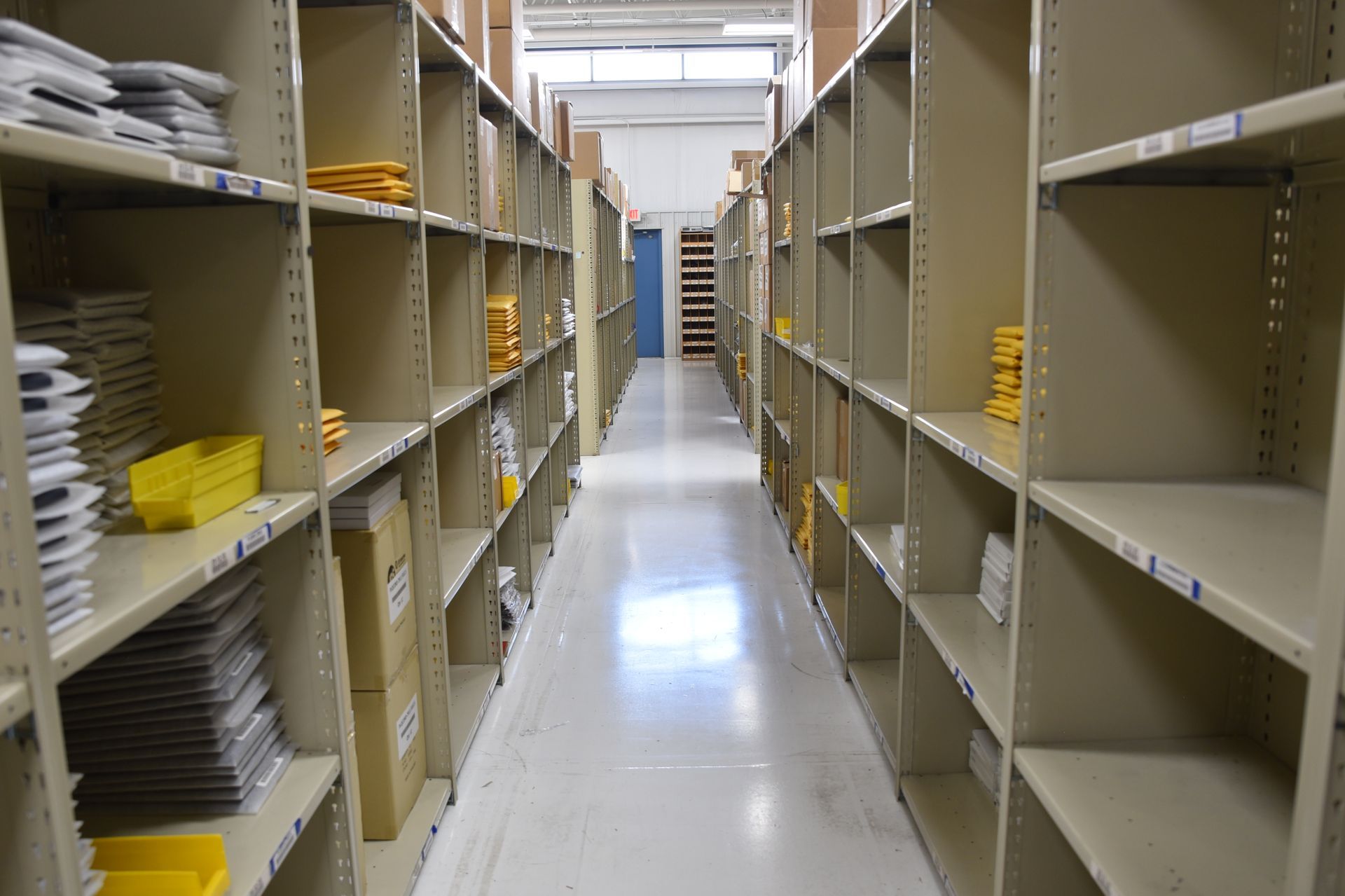 Rows of warehouse shelves.