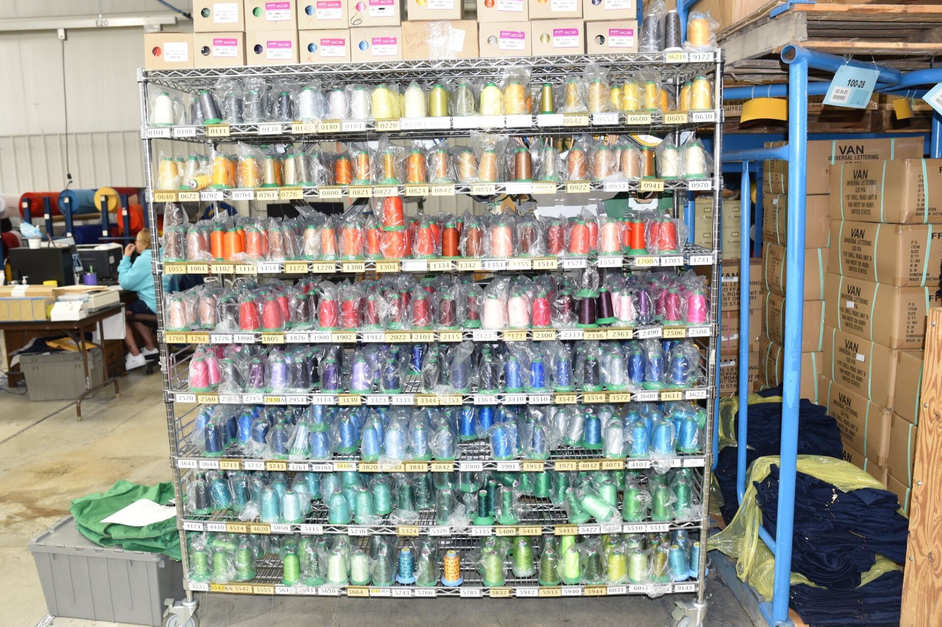 Numerous threads of different colored fabrics for jackets.