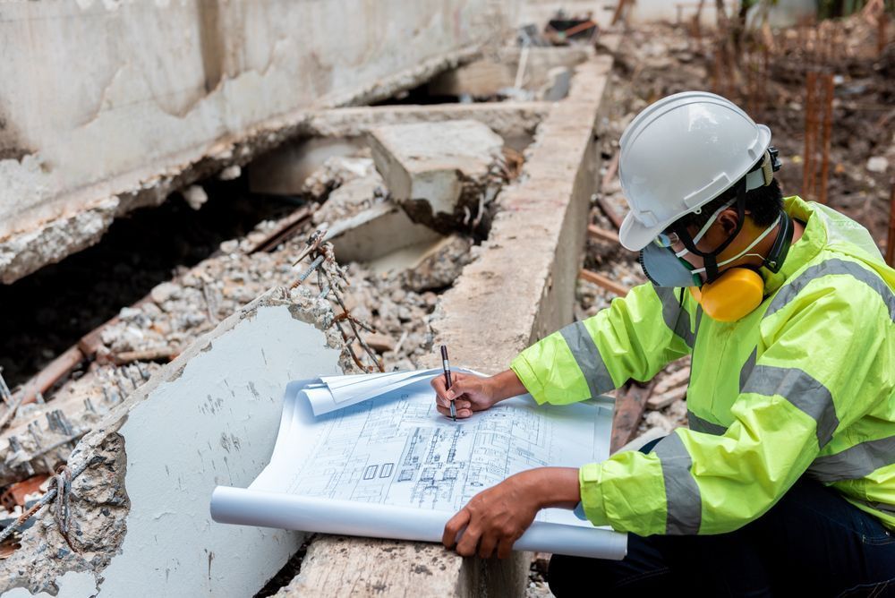 Construction Worker With Blueprints In A Destroyed Building — Wendy's Safety Services in Adelaide River, NT