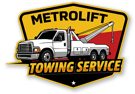 MetroLift Towing Service logo: white tow truck on yellow and black shield.