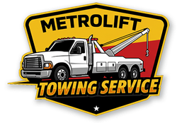 MetroLift Towing Service logo: white tow truck on yellow and black shield.