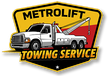 MetroLift Towing Service logo: white tow truck on yellow, red, and black shield.