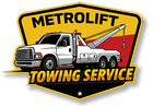 MetroLift Towing Service logo featuring a white tow truck, with black and yellow background.