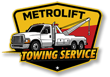 Logo for MetroLift Towing Service, featuring a white tow truck on a gold and red background.