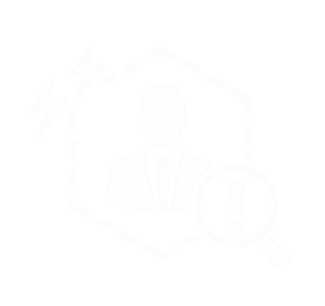 Person inside a house with magnifying glass and exclamation mark, suggesting investigation or search.