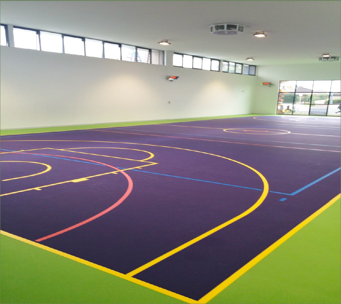 A basketball court with purple and green lines