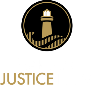Logo for Harbor Justice Law: Gold lighthouse inside circle on black background, text 