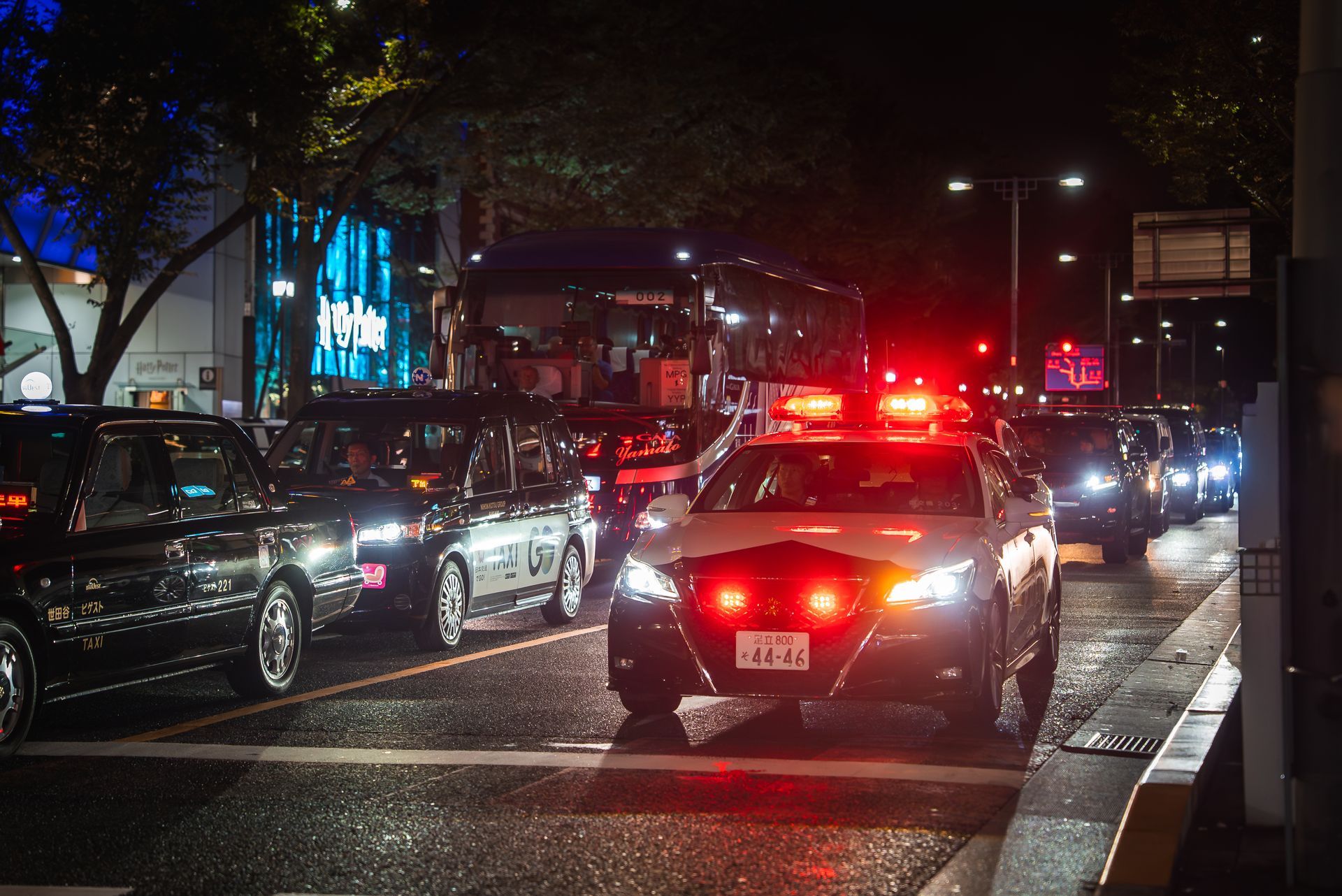 Police cars with flashing lights on a city street at night. Other vehicles are also present.
