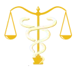 Golden scales superimposed over a caduceus, symbolizing medical ethics and legal balance.