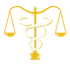 Golden scales of justice superimposed on a caduceus symbol.
