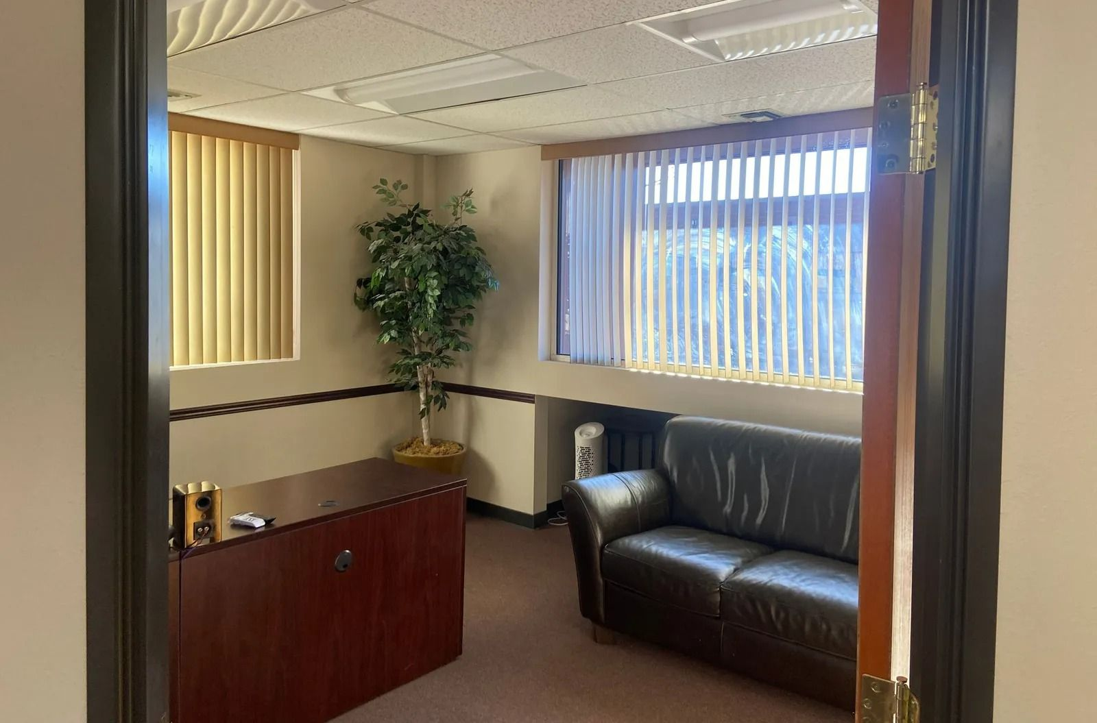 Office interior with desk, couch, window blinds, and a potted plant.