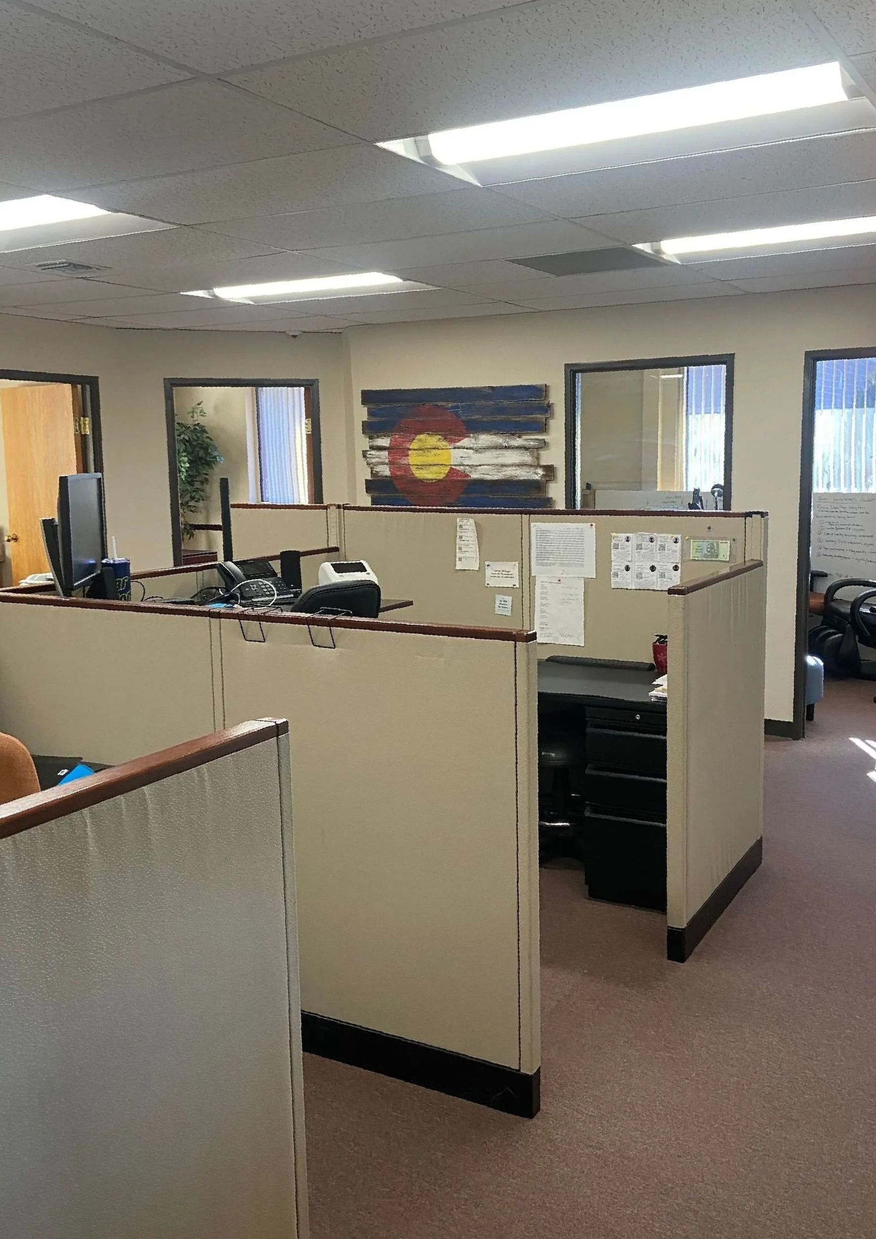 Office cubicles with a Colorado flag on the wall. Fluorescent lights and a pinkish carpet.