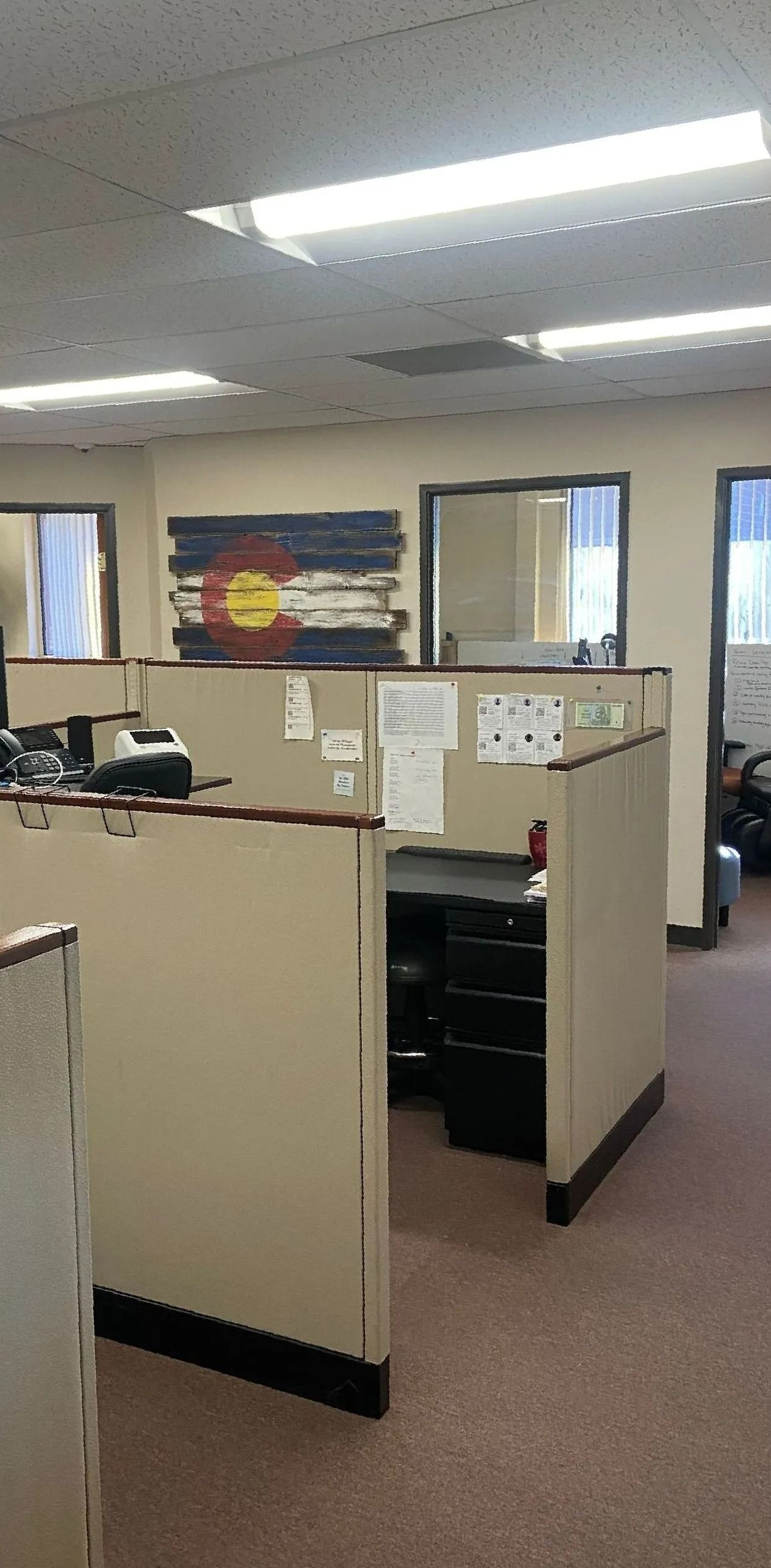 An office with cubicles and a Colorado flag painting on the wall.