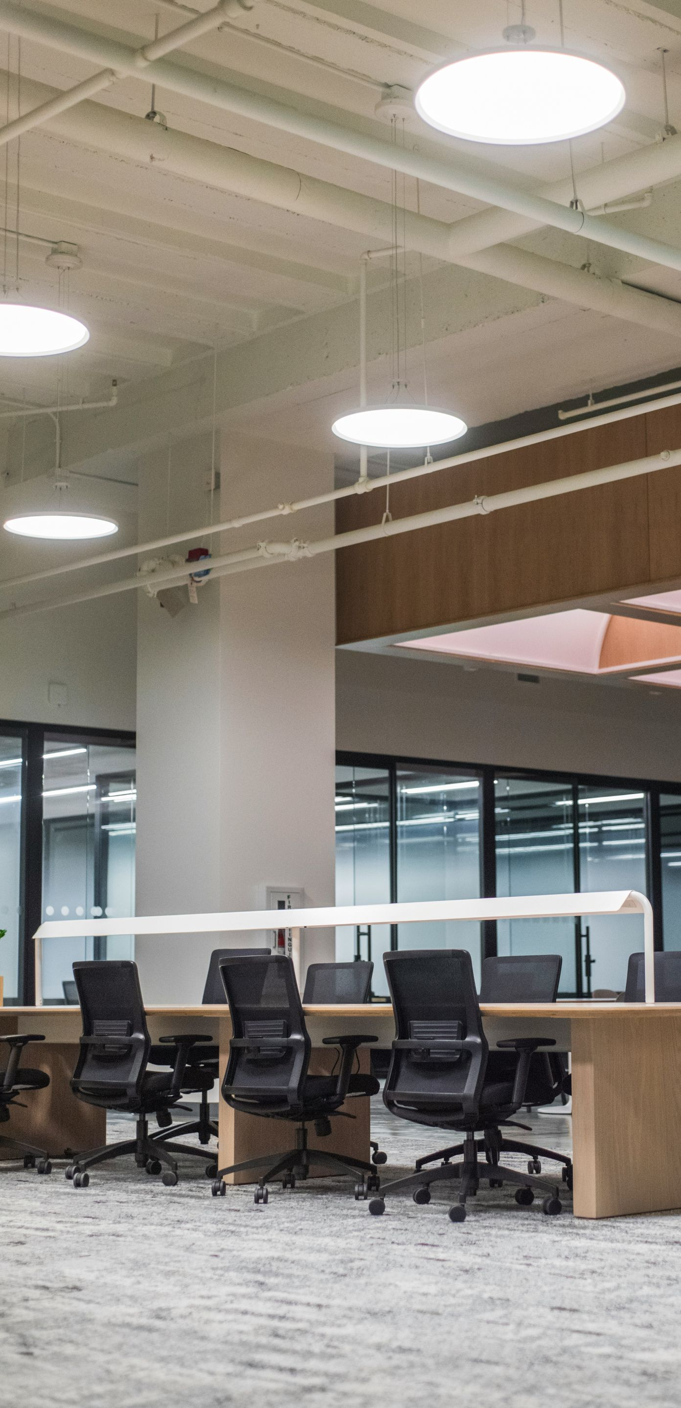 Library study area with tables, black chairs, and large windows.  Overhead lighting illuminates the space.